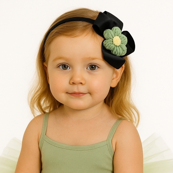 Hand Crafted Accessories - Hand Crafted Black Bow Hairband Hand Knit  Crochet Green Puffy Flower Feminine